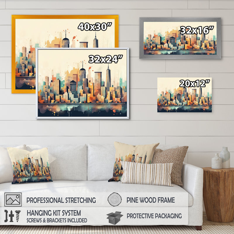Colorful City Skyline2 - salon d'art mural urbain, Impression noire sur toile encadrée, H 12 po x l 20 po x P 1 po