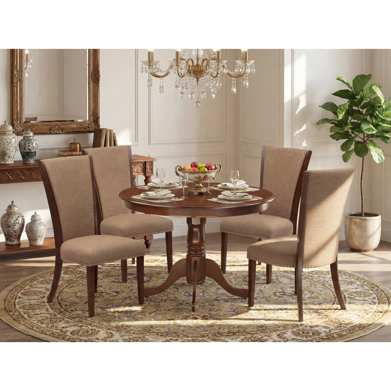 5 Piece Modern Dining Table Set Includes a Round Wooden Table with Pedestal and 4 Light Sable Linen Fabric Parson Dining Chairs, Linen White