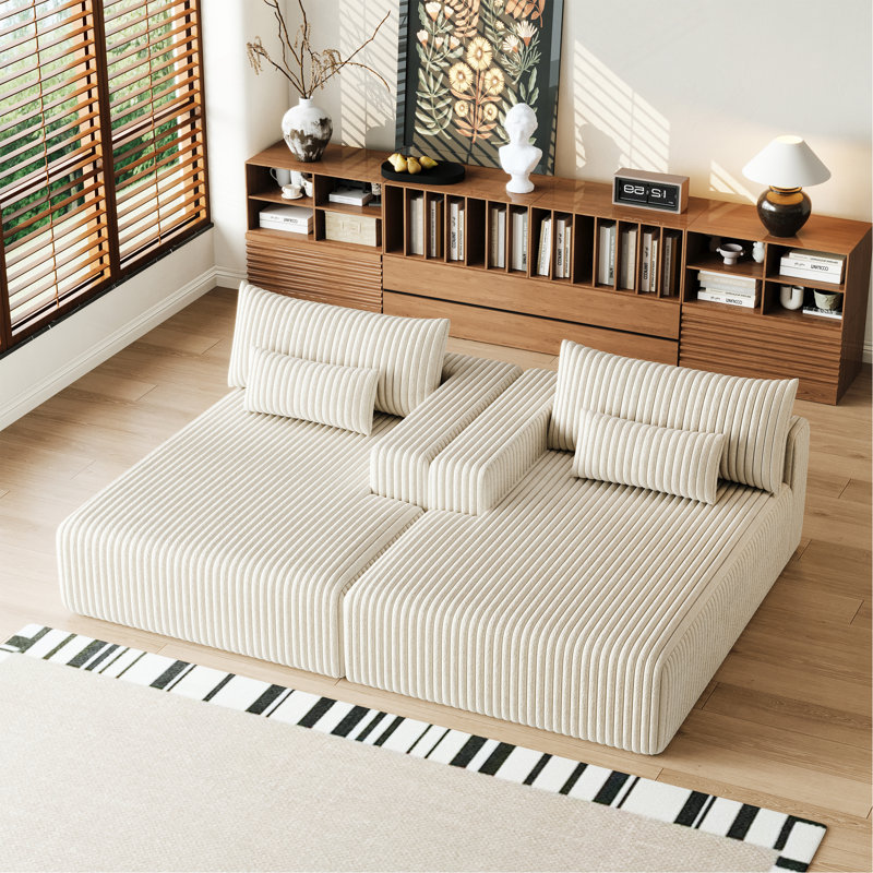 Méridienne surdimensionnée sans accoudoirs Glauser, Velours côtelé beige, H 36 po x l 87 po x P 62,5 po