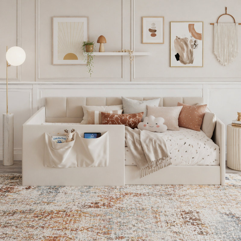 Canapé-lit en velours avec panneaux latéraux hauts et entrée latérale Day Bed, Lit simple, Beige