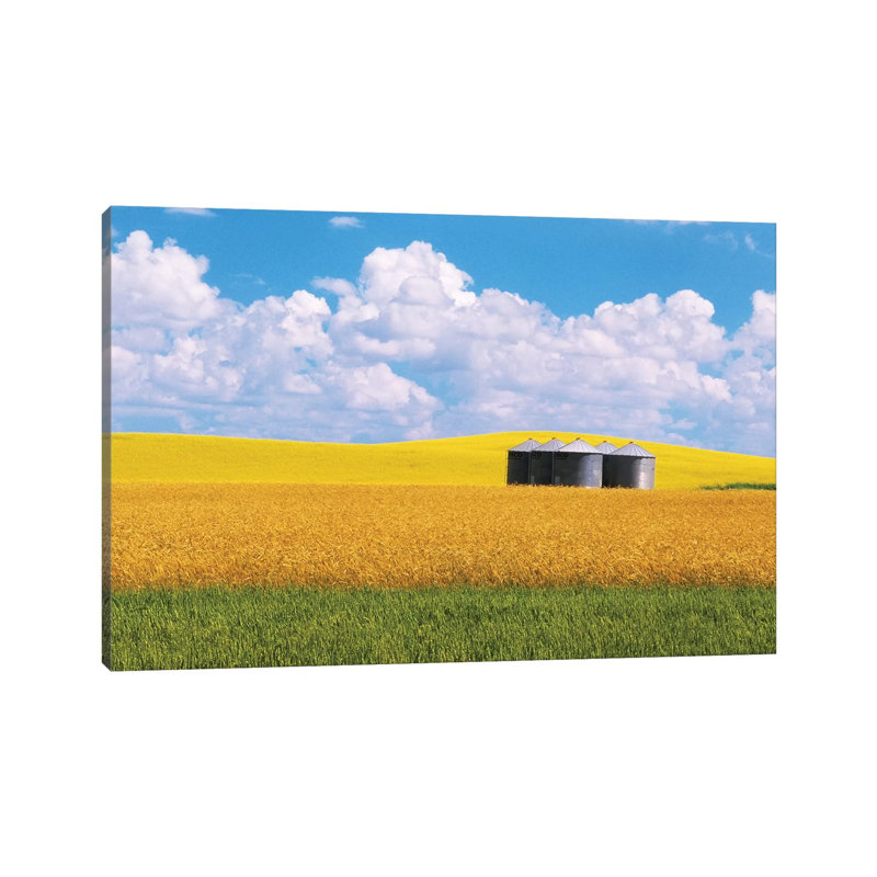 Canada, Manitoba, Bruxelles Grain Bins Amid Wheat And Canola Crops by Jaynes Gallery - Wrapped Canvas Print