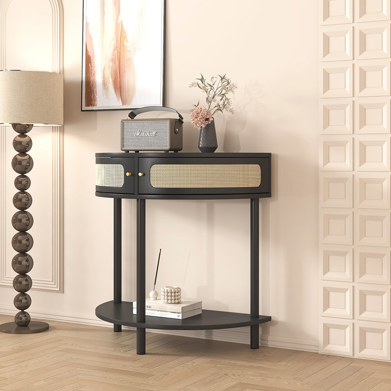 Half Moon Design End Table with Sliding Rattan Door