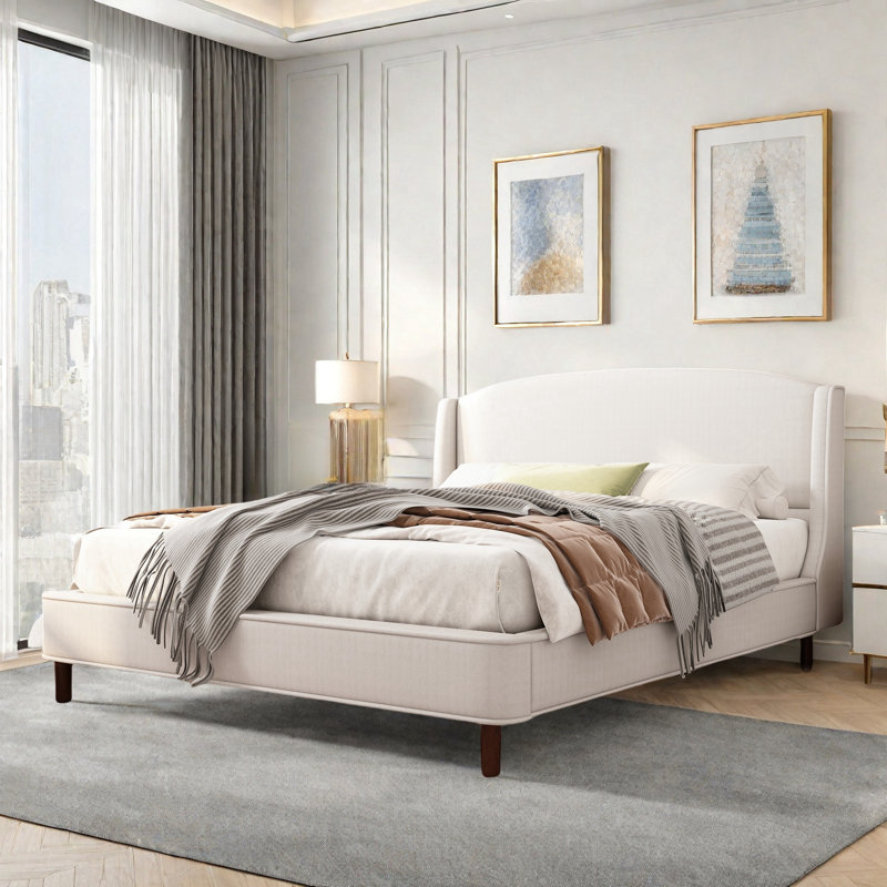Upholstered Platform Bed With Wingback Headboard And Retro Leg Design