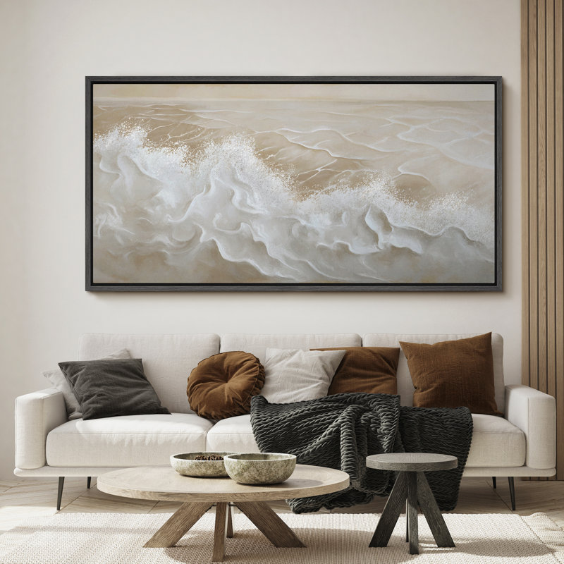«Neutral Ocean Wave», toile encadrée - art marin côtier beige et blanc, Black, H 30 po x l 60 po