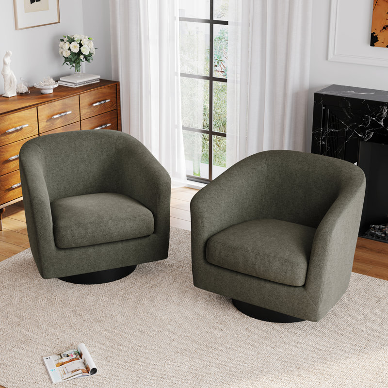 Upholstered Swivel Barrel Chair With Solid Wood Base, Tan