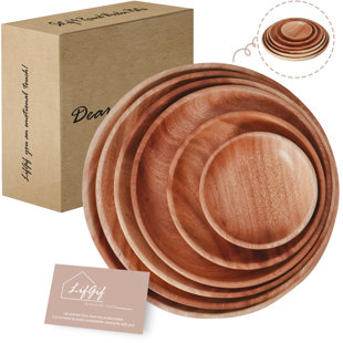 Khaya Wood Dinner Plates set of 6 - Multisize Round Wooden Plates for Eating Salad, Steak, Dessert (Set of 6)