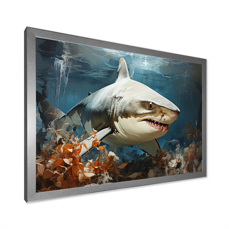 Minimalisme, chasse aux requins sur toile, Cadre photo argenté, H 34 po x l 44 po x P 1,5 po