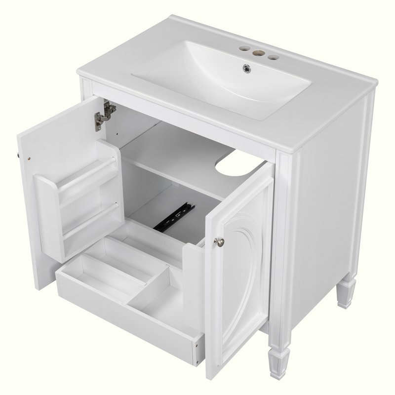 Meuble-lavabo de salle de bain avec lavabo, tiroir fonctionnel, tablette de porte, Blanc, Argent argent