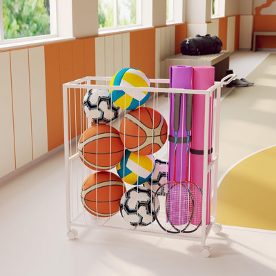 Ball Storage Bin Rolling Sports Ball Cart, Metal Garage Organizer Sport Rack,White