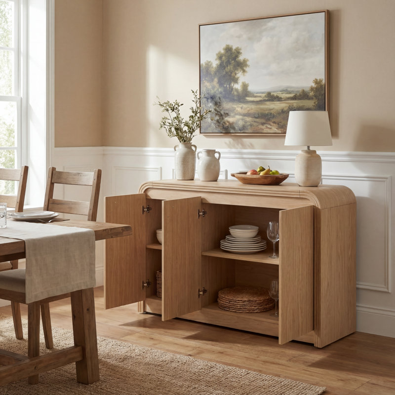 Curved Edge 47.24" Width MDF 3-Door Buffet Storage Cabinet, Oak