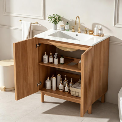 29.9-inch Wooden Traditional Bathroom Vanity with 3-Hole Ceramic Sink, Legs, and Doors