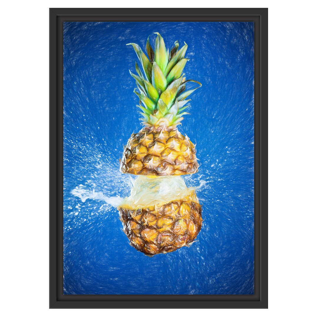 Gerahmtes Wandbild Ananas mit Wasser bespritzt