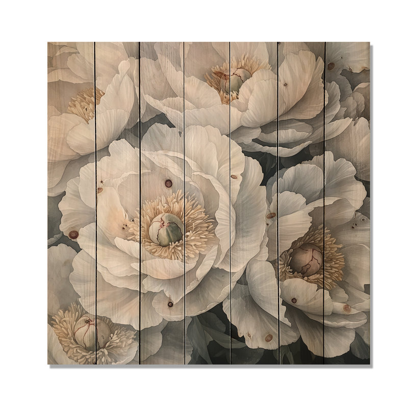 Frosted Monochrome Peonies Flowers III - Peonies Wood Wall Art - On Natural Pine Wood, 25" H x 25" W x 0.78" D