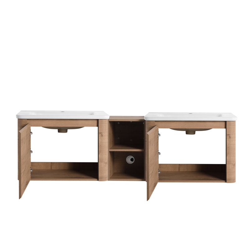 Meuble-lavabo mural, lavabo en céramique blanche, porte à fermeture douce, petites tablettes de rangement, vaste espace polyvalent