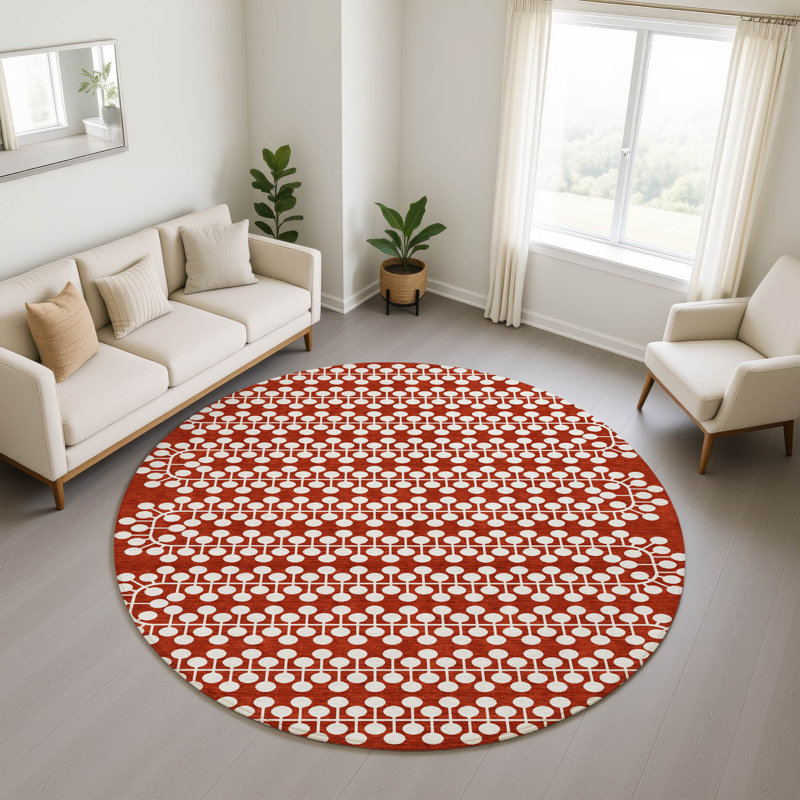 Premium Machine Washable Mayfield AMF2247 Geometric Rug, Red, 8' Round