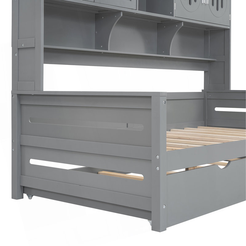 Wooden Daybed With Twin Size Trundle, And All-In-One Cabinet And Shelf, Gray, Twin