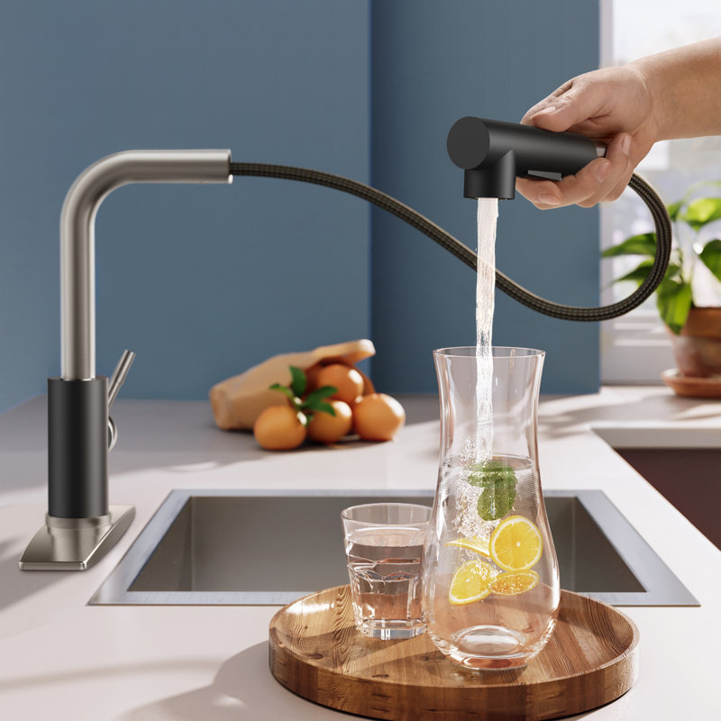 Robinet de cuisine rétractable à poignée simple avec plaque de pont, poignées et conduites d'alimentation, Noir / brossé