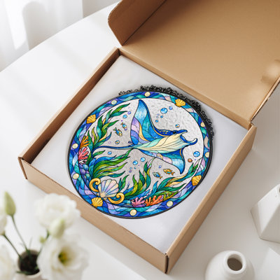 «Blue Manta Ray and Seashells in St donned Glass», art mural sur toile