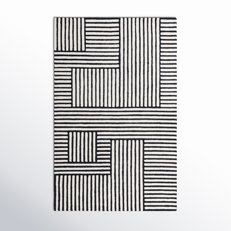 Elsbeth Geometric Hand Tufted Wool/Cotton Area Rug in Ivory/Black, Rectangle 6' x 9'