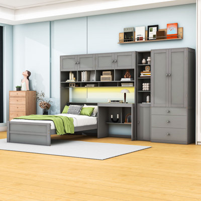 Lit plateforme simple en bois avec amplement d'espace de rangement, bande lumineuse et bureau