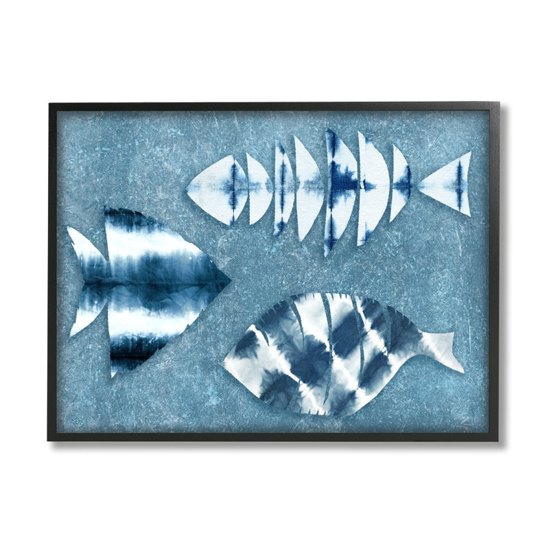 " Abstract Fish Silhouette Shapes Blue Tie Dye Pattern " by Ziwei Li, 24" H x 30" W x 1.5" D, Midnight Black Framed Giclee