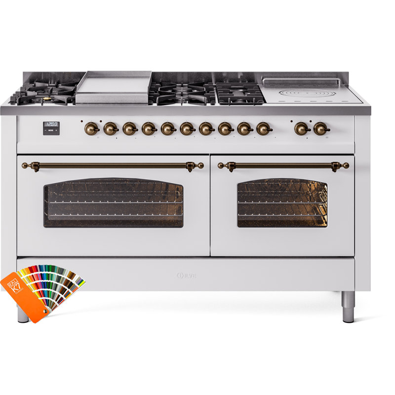 ILVE Nostalgie II 60 Dual Fuel Range, 5 Burners, Griddle, Frenchtop , RAL Color/Bronze, Natural Gas