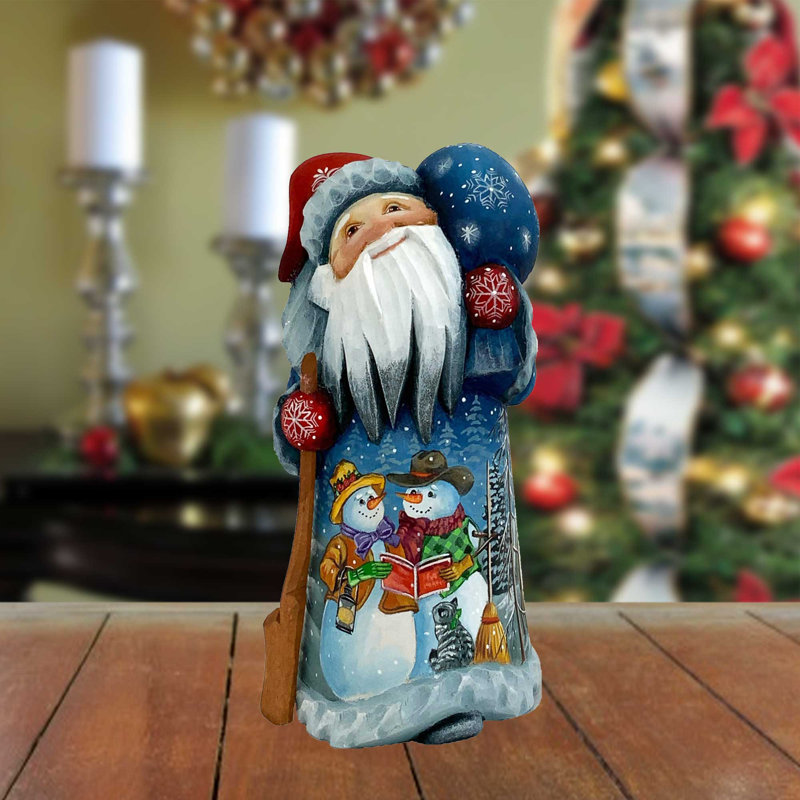 Masterpiece Wood Carved Snowman Santa Little Helprs Figurine