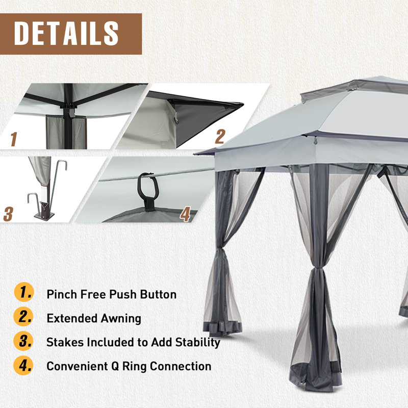 11 Ft. W x 11 Ft. D Pop Up Canopy Patio Gazebo with Mesh Wall, Gray