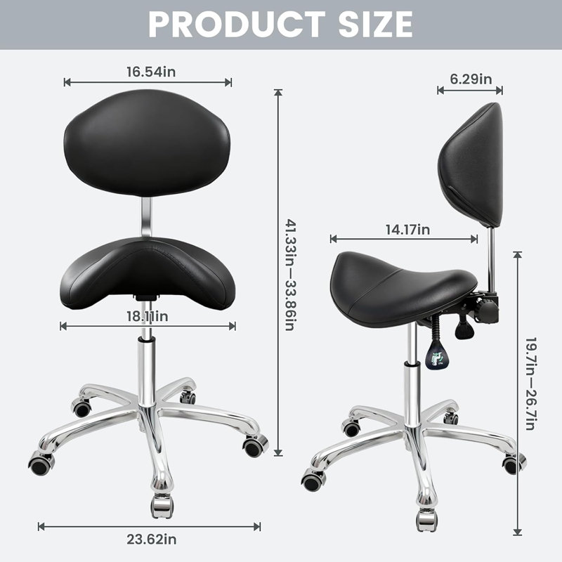 Tabouret de selle ergonomique avec dossier, fauteuil roulant réglable avec capacité de 400 lb, roulettes silencieuses à 360 ° et cuir imperméable pour salon, spa, studio de tonnage et bureau à domicile