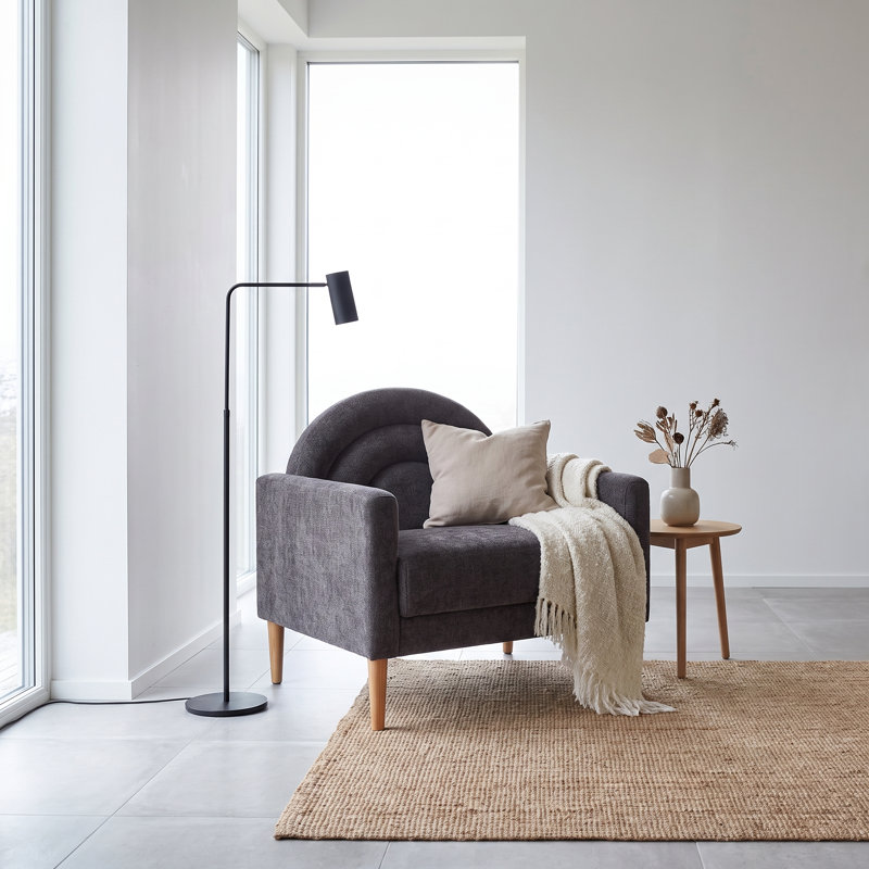 Chaise d'appoint rembourrée en lin avec dossier d'inspiration arc-en-ciel et pieds en bois, gris, gris