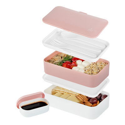 Restaurantware-Bento Tek 40.5 Ounces Stackable Lunch Meal Box, 1 Reusable Adult Lunch Container - With Utensils, Included Sauce Cup, Pink & White Plastic Layered Meal Box, Microwavable, Dishwashable