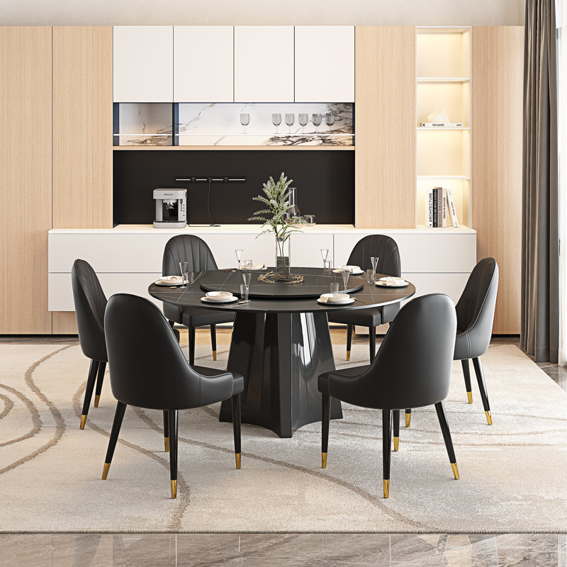 51'' Round Dining Table Set, Modern Faux Marble Table With Lazy Susan And Dining Chairs For 6 Person, Lauren Black Gold