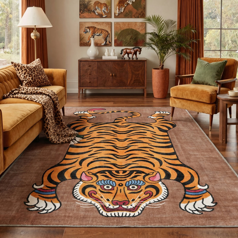 Tapis d'intérieur brun / orange / noir lavable à la machine avec envers antidérapant Tigris, Rectangle 9 pi x 12 pi