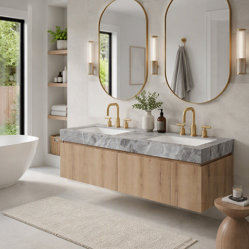 Meuble-lavabo de salle de bain avec lavabo, armoire en contreplaqué flottant, plateau en pierre frittée gris clair, 2 lavabos en céramique, 3 trous de robinet, pré-assemblé