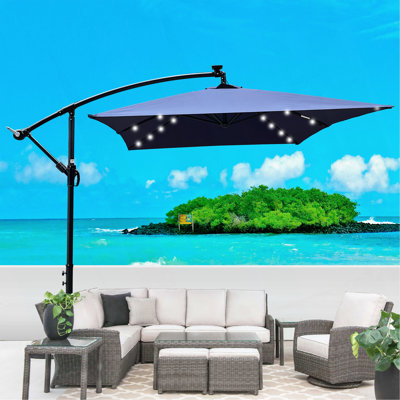 Parasol de terrasse rectangulaire à énergie solaire à DEL avec éclairage à DEL 6 lumières avec manivelle et base en croix pour terrasse de jardin Abri de piscine extérieur