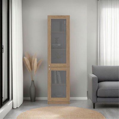 Home Double Glass Door Bookcase Cabinet with 5 Interior Shelves for Linen or Décor Storage for Living Rooms, Bedrooms or Laundry Rooms