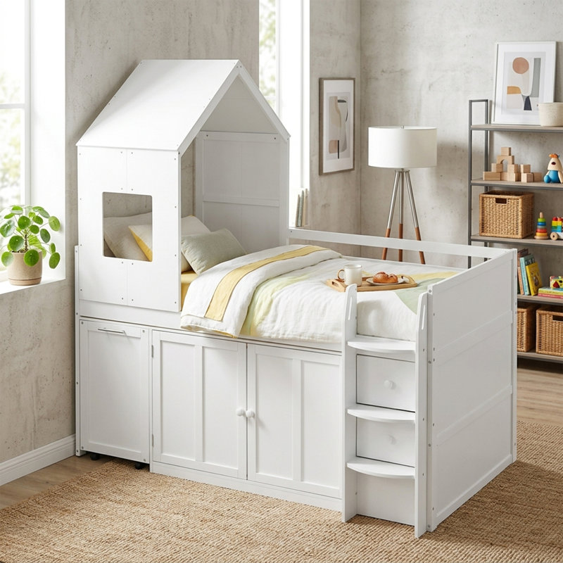 Lit mezzanine simple simple avec bureau coulissant et armoires de rangement, lit en bois de pin massif avec tiroirs et marches, cadre de lit junior multifonctionnel peu encombrant