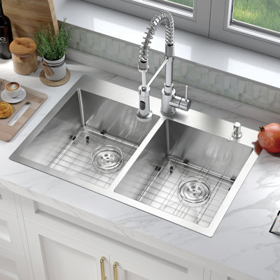 ATTOP 33 Inch Scratch-Resistant Drop in Double Bowls Stainless Steel Kitchen Sink with Bottom Grid