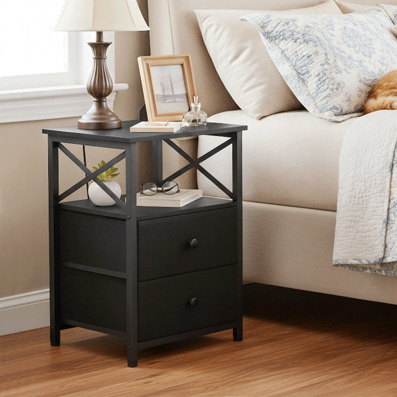 60cm H Small Nightstand with Charging Station, Black
