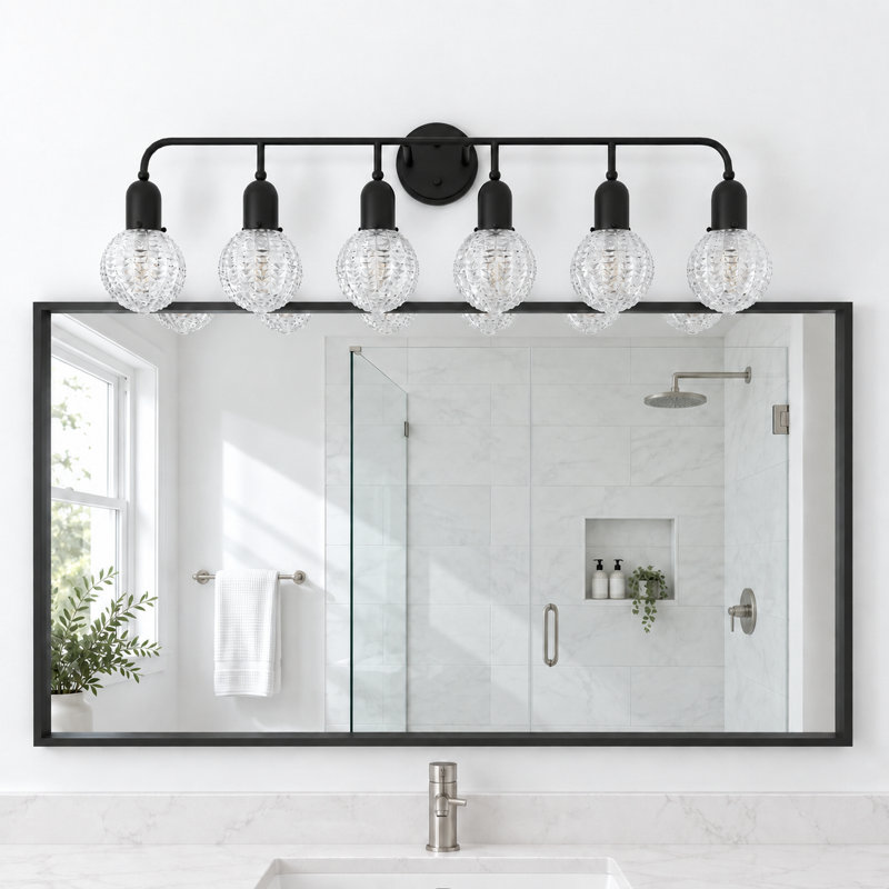Luminaire de salle de bain à 6 lumières en acier à intensité variable Juno, Clair, Noir mat