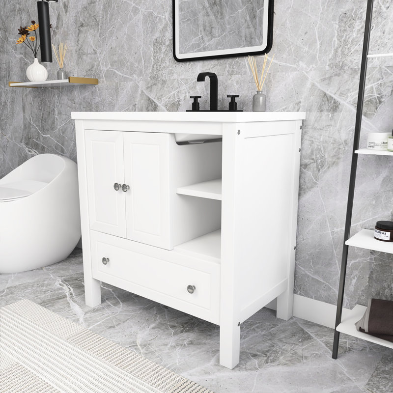 Meuble-lavabo autoportant 30 po blanc avec lavabo en céramique, Blanc