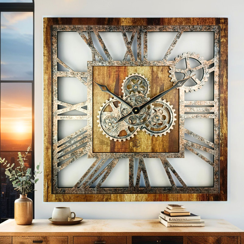 Horloge murale surdimensionnée carrée 24 po pour le salon avec la collection America, Brun rétro