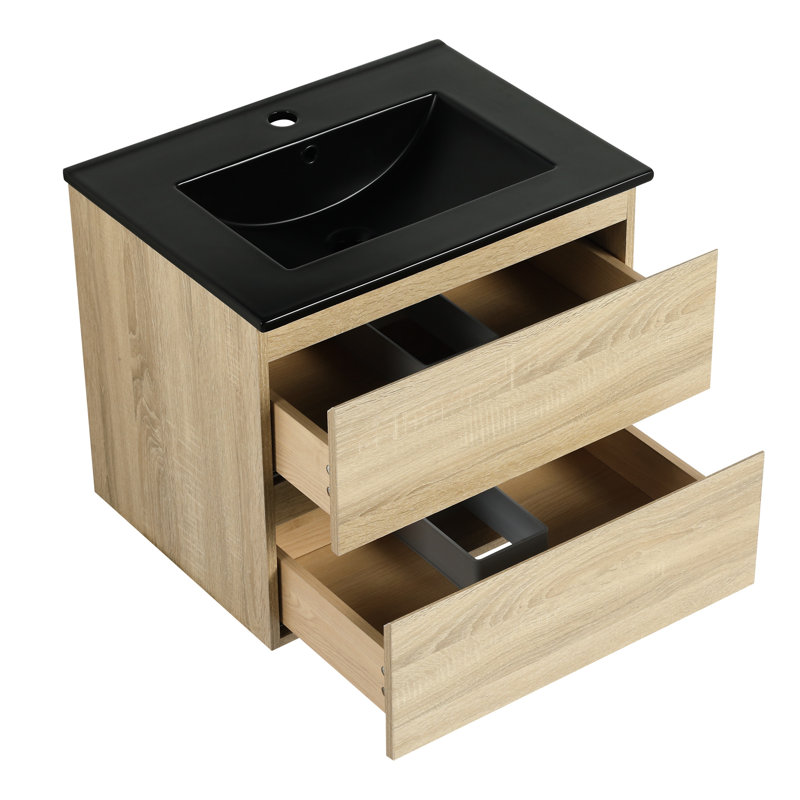 Armoire de salle de bain murale 24 po, lavabo en céramique noire, 2 tiroirs à fermeture en douceur, chêne, armoire intégrée en contreplaqué, lavabo, solidifiant