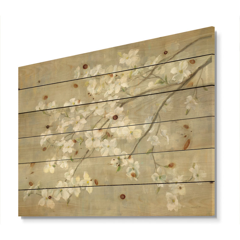 Cornouiller au printemps neutre - imprimé campagnard sur bois de pin naturel, H 36 po x l 46 po x P 1,5 po
