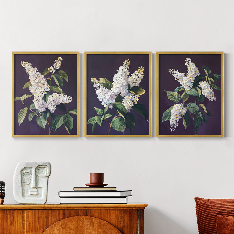 Étude florale série Lxxxx - ensemble de 3 estampes numériques encadrées - prêt à être accroché, Doré, H 28 po x l 66 po