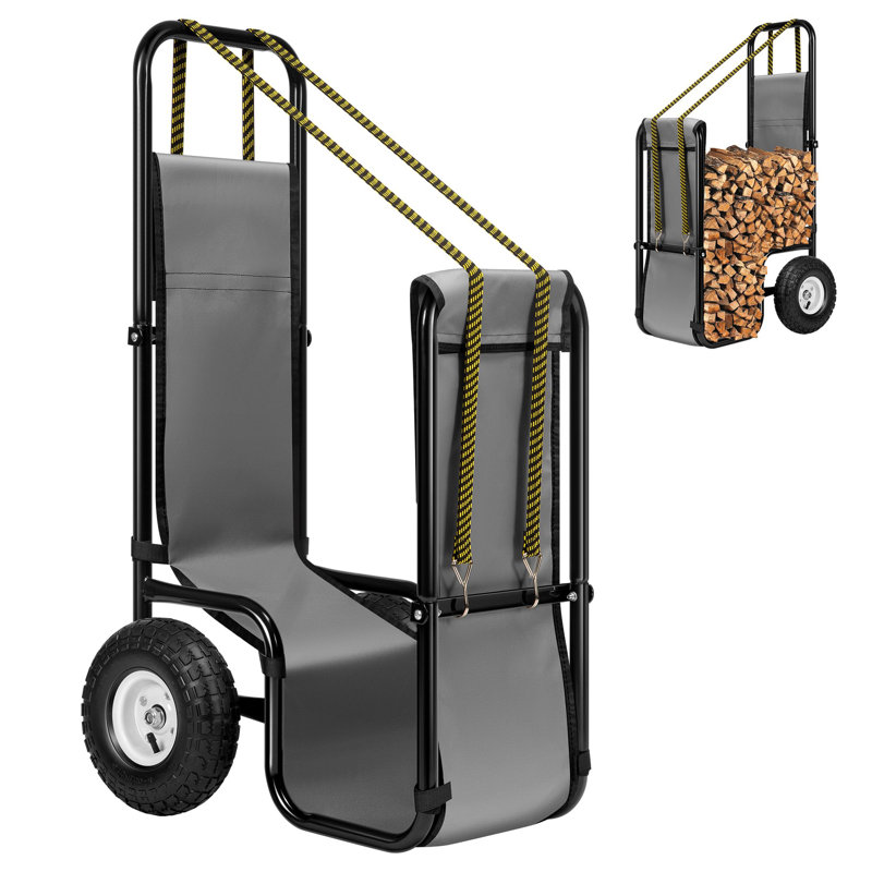 Chariot porte-bûches avec roues en caoutchouc, format moyen, sans housse, robuste, en acier, pour un transport facile à l'intérieur comme à l'extérieur (noir).