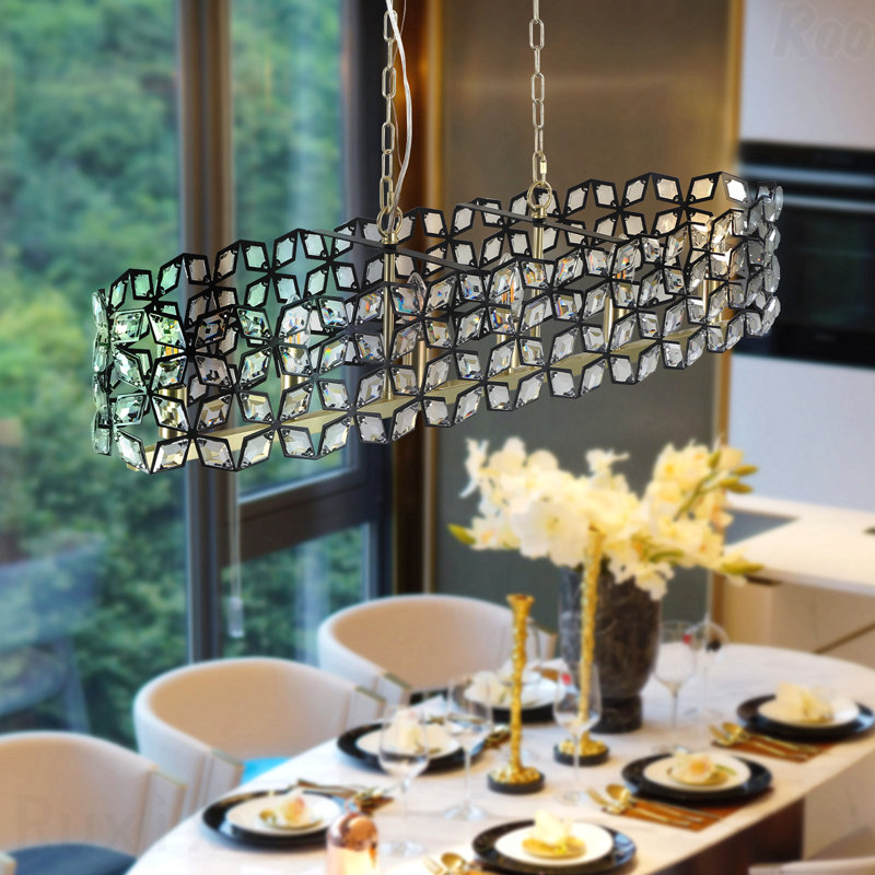 Lustre - Luminaire suspendu en cristal contemporain de 39 po, finition noire et dorée, luminaire de style moderne géométrique