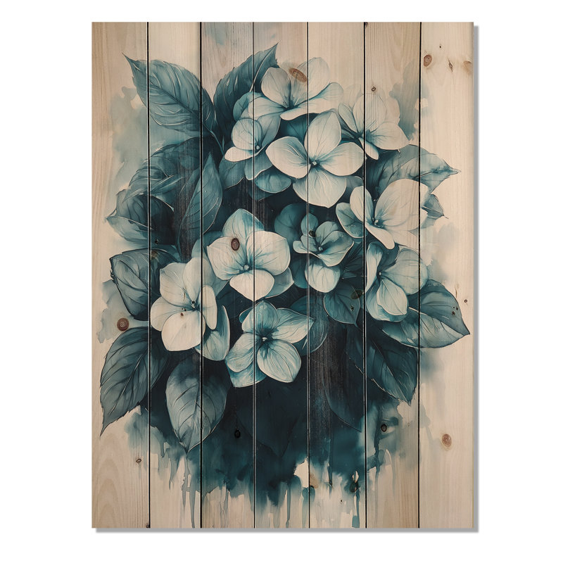 Monochrome Hydrangea Cluster - Hydrangea Wood Wall Decor - On Natural Pine Wood, 40" H x 30" W x 0.78" D