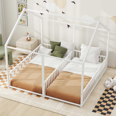 Metal Twin Platform Beds for Kids, 2-in-1 Side-by-Side House Bed with Guardrails, Roof & Window Design, Safe & Fun, Black