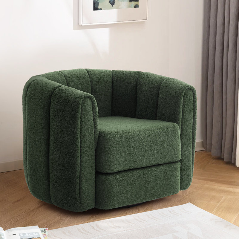 37" Wide Accent Chair, Boucle Upholstered Armchair, Swivel Barrel Chair, Green, Green Teddy